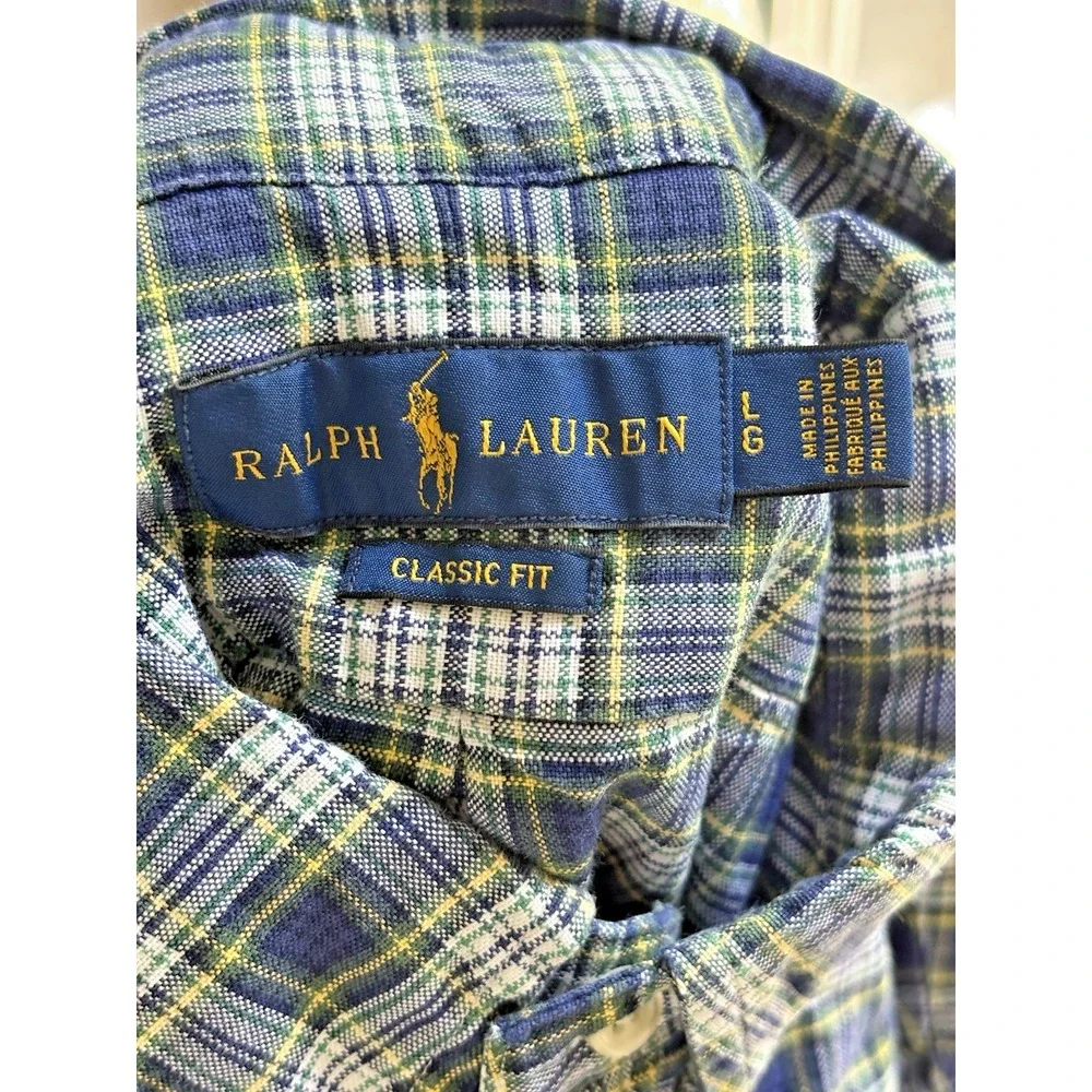 Ralph Lauren Shirt Men L Blue Plaid Long Sleeve Flesh‎ Pony Preppy Classic Fit